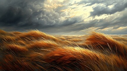 Dramatic Landscape of Golden Grass under a Stormy Sky with Dynamic Cloud Formation and Warm Lighting at Sunset, Captivating Natural Scene