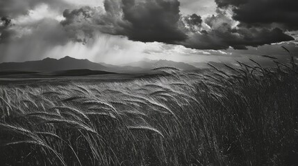 Dramatic Landscape of Black and White Wheat Field Under Stormy Clouds with Mountains in the Background Capturing Nature's Intense Beauty and Texture