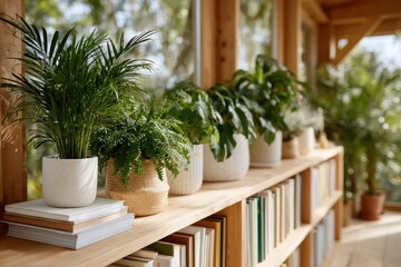 Green indoor plants arranged on wooden shelves in a sunlit room with a serene view