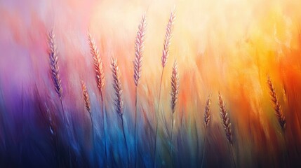 Colorful Abstract Landscape with Gentle Waves of Wheat and Vibrant Background in Soft Pastels of Purple, Pink, and Orange Contrast in Artistic Style