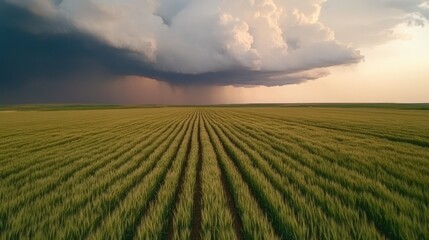 Dramatic Cloud Formation Over Expansive Wheat Field at Dusk in Agricultural Landscape Showcasing Nature's Majesty and Atmospheric Conditions