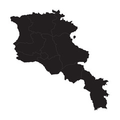 Silhouette map of Armenia showcasing its regional boundaries in a minimalist black design for educational or geographical use