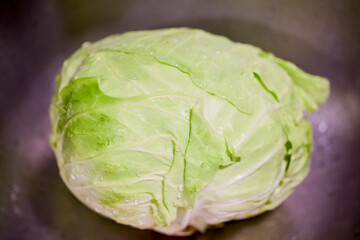 fresh white cabbage with water drops on it
