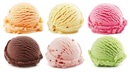 Six colorful scoops of ice cream in different flavors arranged in two rows on a white background.