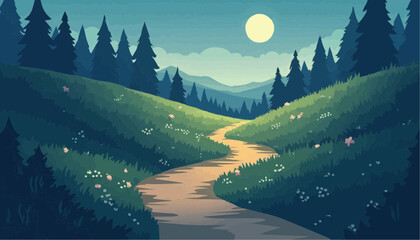Pathway through Forest Landscape with Moon