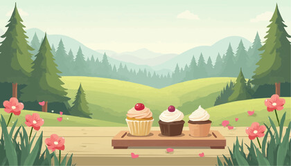 Cupcake Picnic in Green Landscape