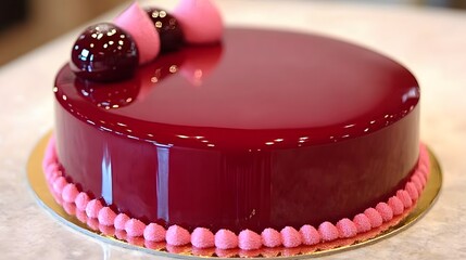 Mirror Glaze Cake, Delicious Red Velvet Dessert with Pink Decorations