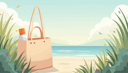Beach bag with sunscreen on sand