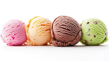 Four colorful ice cream scoops in pink, orange, brown, and green flavors lined up on a white background.