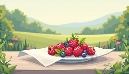 Raspberry and Blueberry Still Life Landscape