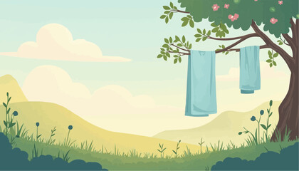 Towel drying on tree with leaves landscape