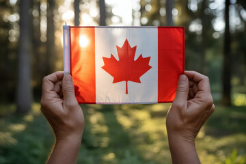 Serene portrait photograph showcasing hands proudly holding a small Canadian flag in a sun-dappled forest, embodying national connection to nature