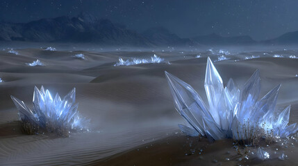with giant crystal structures emerging from the sand under a twilight sky