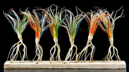 plants with glowing leaves and roots emerging from a floating lava lake