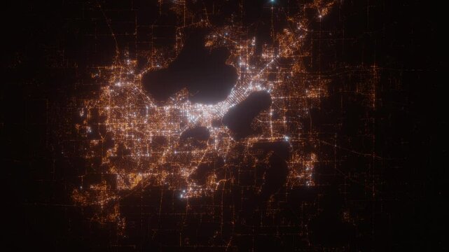 Madison (Wisconsin, USA) aerial view at night. Satellite view on modern city with street lights. Camera is flying above the city, moving forward
