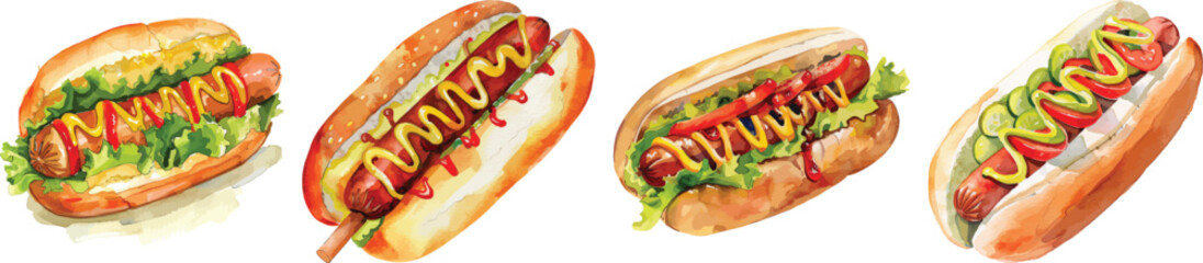 Hot Dog Set Vector Illustration, isolated on white background.