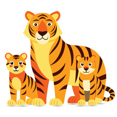 A cute striped tiger cub, a cartoon feline illustration, is isolated in a set of wild baby animals from the jungle