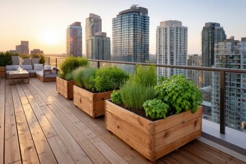 Fototapeta premium Urban rooftop garden at sunset with vibrant greenery overlooking city skyline