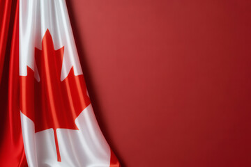 a partially folded Canadian flag with its iconic red maple leaf against a vibrant red background, perfect for patriotic themes