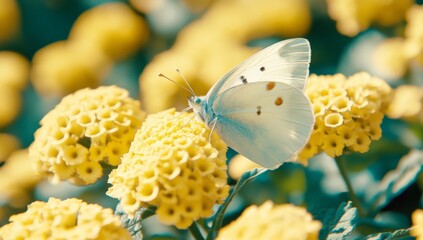 A harmonious and artistic image of the outdoors is presented in a stunning macro photograph of a white butterfly on a yellow flower, celebrating the beauty of spring and summer in nature