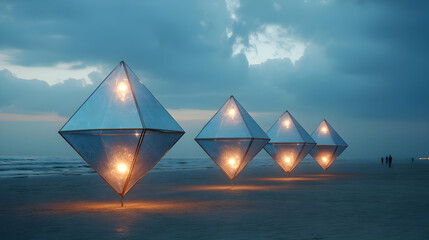 with giant crystal structures emerging from the sand under a twilight sky
