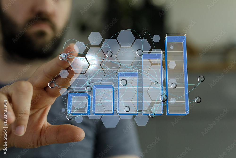 Poster a businessman interacts with a digital chart, showcasing data growth and analysis. perfect for busin