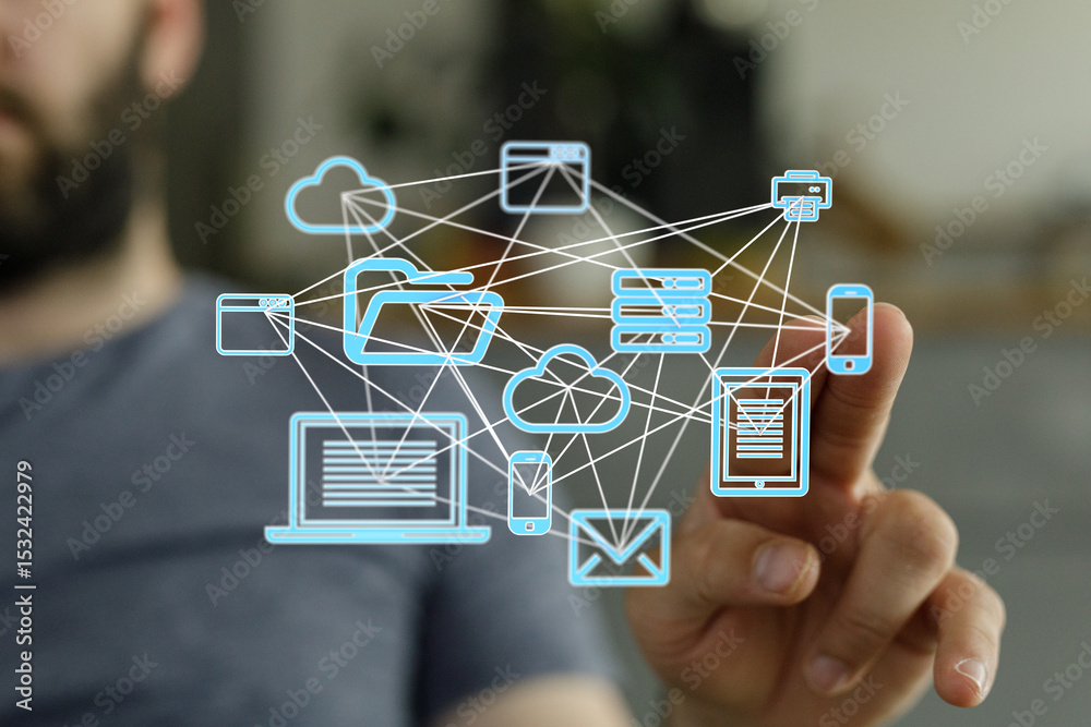 Poster image depicts a man interacting with a digital network of cloud storage, file sharing, and various d