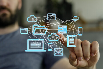 Modern technology, digital data, network sharing, cloud storage, online collaboration.