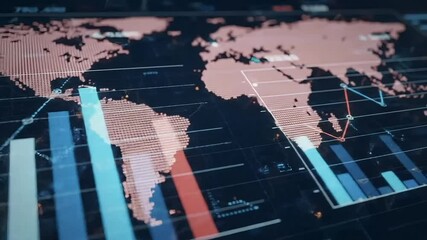 Bar graph and line chart overlaying world map displaying financial data analysis on screen - Powered by Adobe