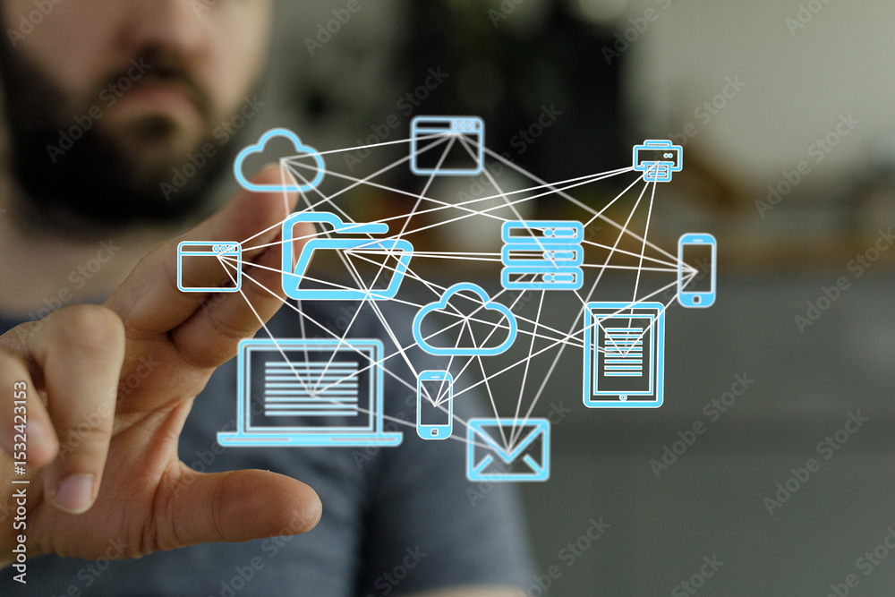 Poster Image shows a person interacting with a digital network representing cloud computing, data storage, and device connectivity.