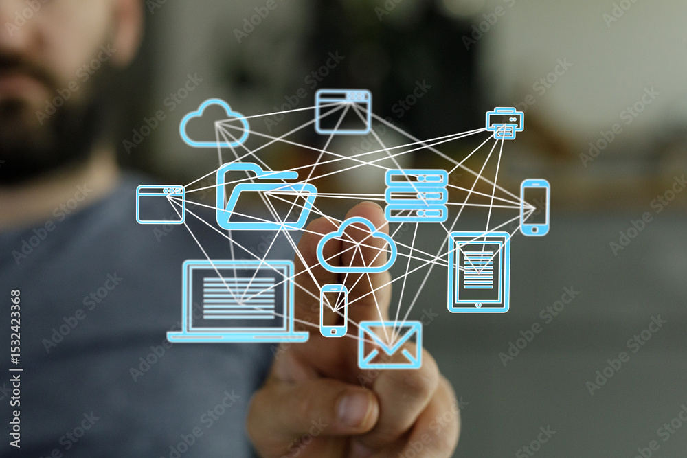 Poster seamless data flow. cloud storage, mobile devices, computers, and more interconnected.