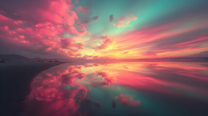 with layered color bands reflecting over a glossy surreal ocean