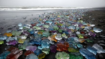 melted rainbow icebergs floating in a translucent sea beneath a surreal sky