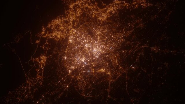 Tashkent (Uzbekistan) aerial view at night. Satellite view on modern city with street lights. Camera is flying above the city, moving forward