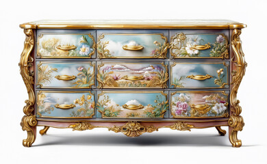 Vintage Dresser Victorian or Baroque style with delicate decoupage paper of floral elements and clouds, collage of flowers. Retro Furniture element on white background