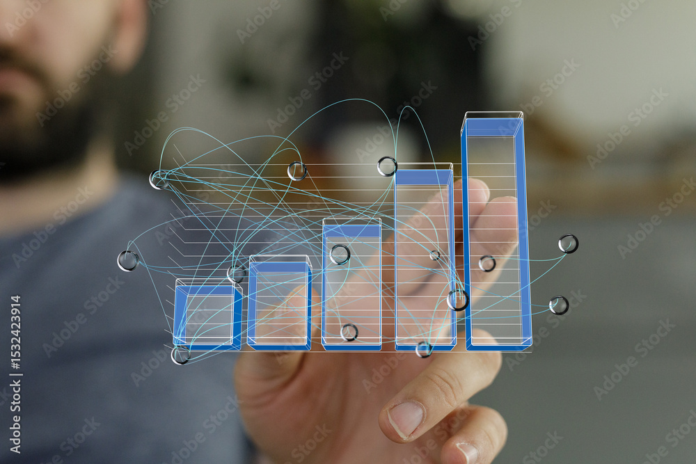 Poster hand interacting with a 3d bar graph showing upward trend. business growth concept.