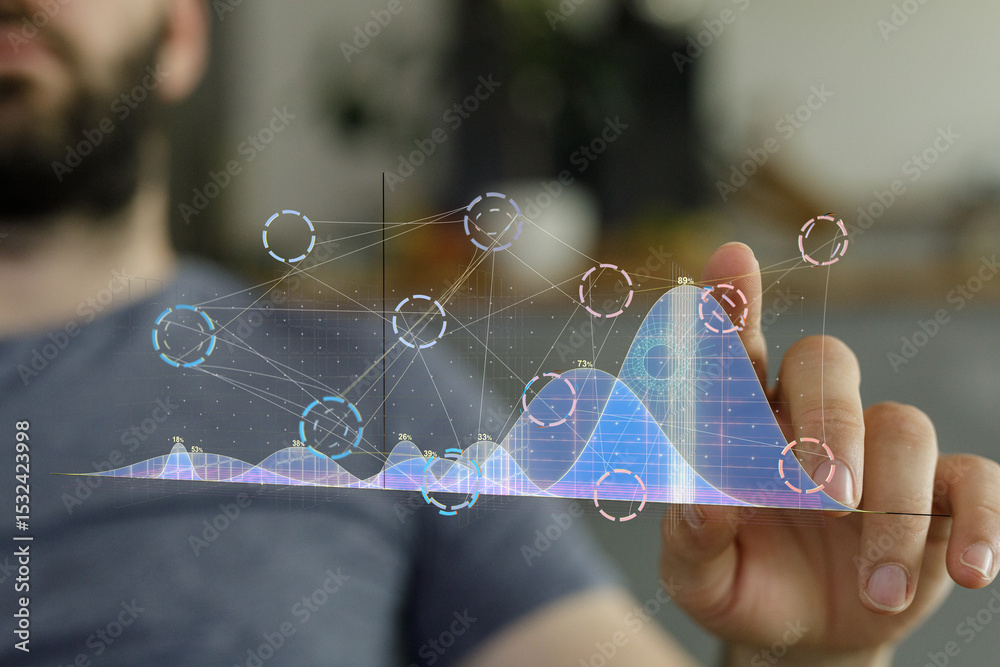 Aufkleber A man uses a finger to interact with a holographic graph displaying data analytics.
