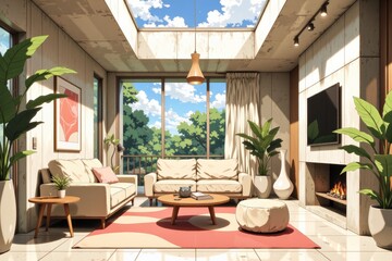 Naklejka premium Bright sunlit living room reflecting modern house decor trends, featuring large windows, cozy sofas, and potted plants. Concept of modern house decor trends emphasizes inviting interior aesthetics.
