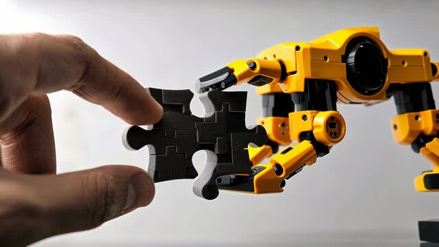 Together, a human and a robot solve puzzles, illustrating teamwork and shared problem-solving abilities. Robotic relationships