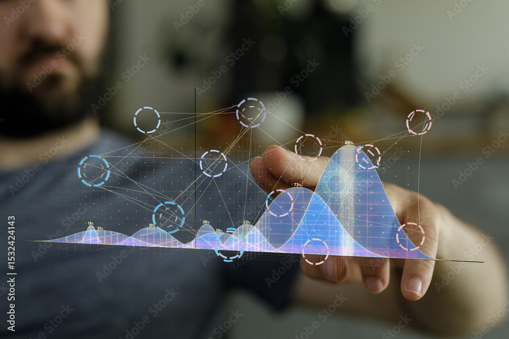 Aufkleber Man interacts with holographic data charts, showcasing business analytics and growth visualization.