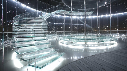 staircase made of floating glass steps surrounded by light trails and fog