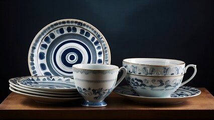 Elegant Tea Cups and Plates Set on a Wooden Surface Against a Dark Background