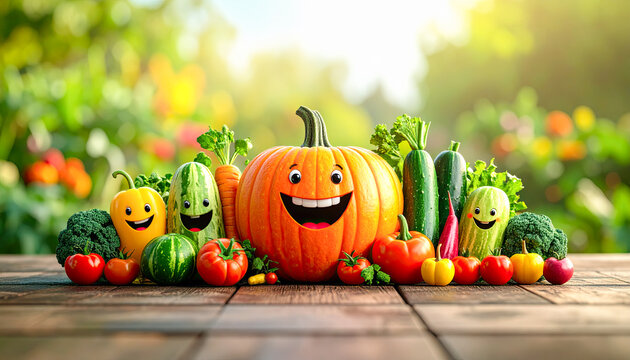 Gem&uuml;se Gesichter lustig anthropomorph K&uuml;rbis Gurken Tomaten Paprika Brokkoli Karotten auf Holztisch im Garten