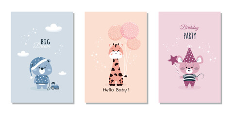 A set of children's modern banners with hand-drawn teddy bears, giraffes and a mouse with a magic wand for invitations, greeting cards, covers, posters and more. Flat vector illustration.