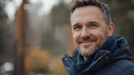 Closeup cropped portrait of a smiling with toothy smile confident caucasian handsome mature man looking at the camera while walking outdoors in city park forest