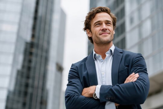 Man in business attire stands confidently with arms crossed in an urban setting surrounded by modern buildings
