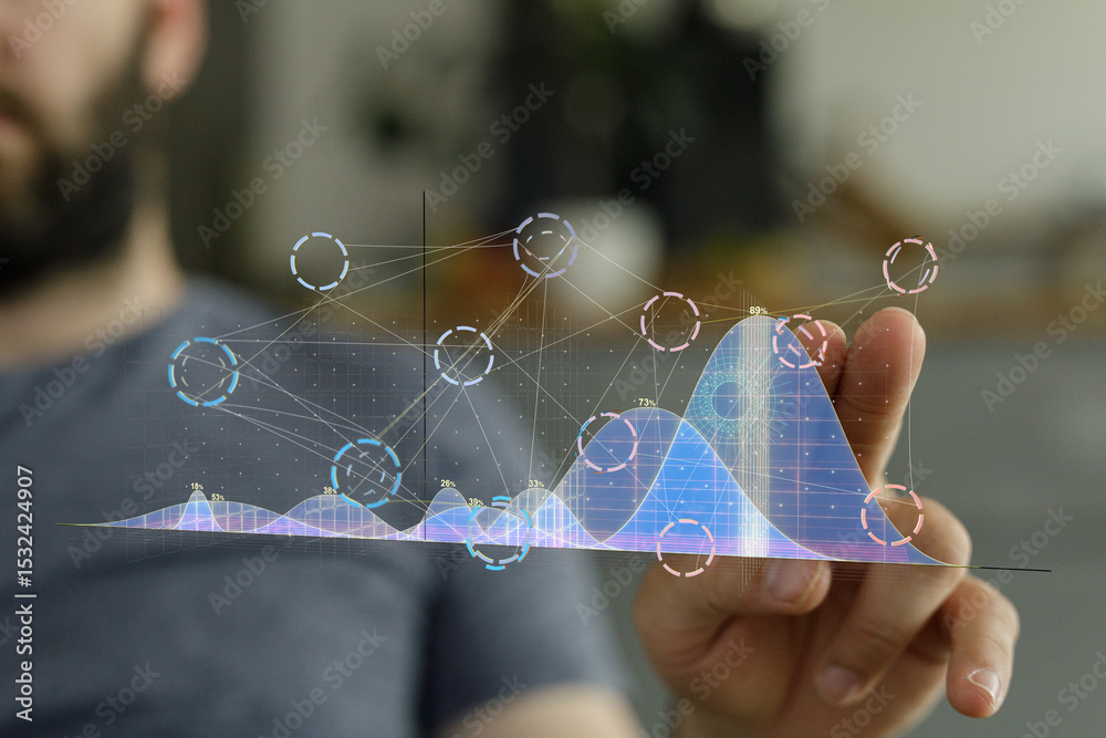 Poster Stock photo of a person interacting with a digital graph showing data analysis and visualization.