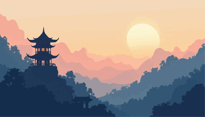 Fototapeta premium Asian Pagoda in Mountain Landscape at Sunset