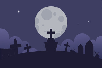 Spooky Night Cemetery  Silhouette Graveyard under a Full Moon
