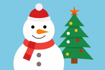 Jolly Snowman and Festive Christmas Tree Winter Holiday Cheer